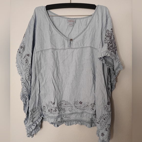 Ariat Eden Blouse Tencel Lyocell Light Blue Floral Women's Top Boho Paisley - Picture 4 of 10